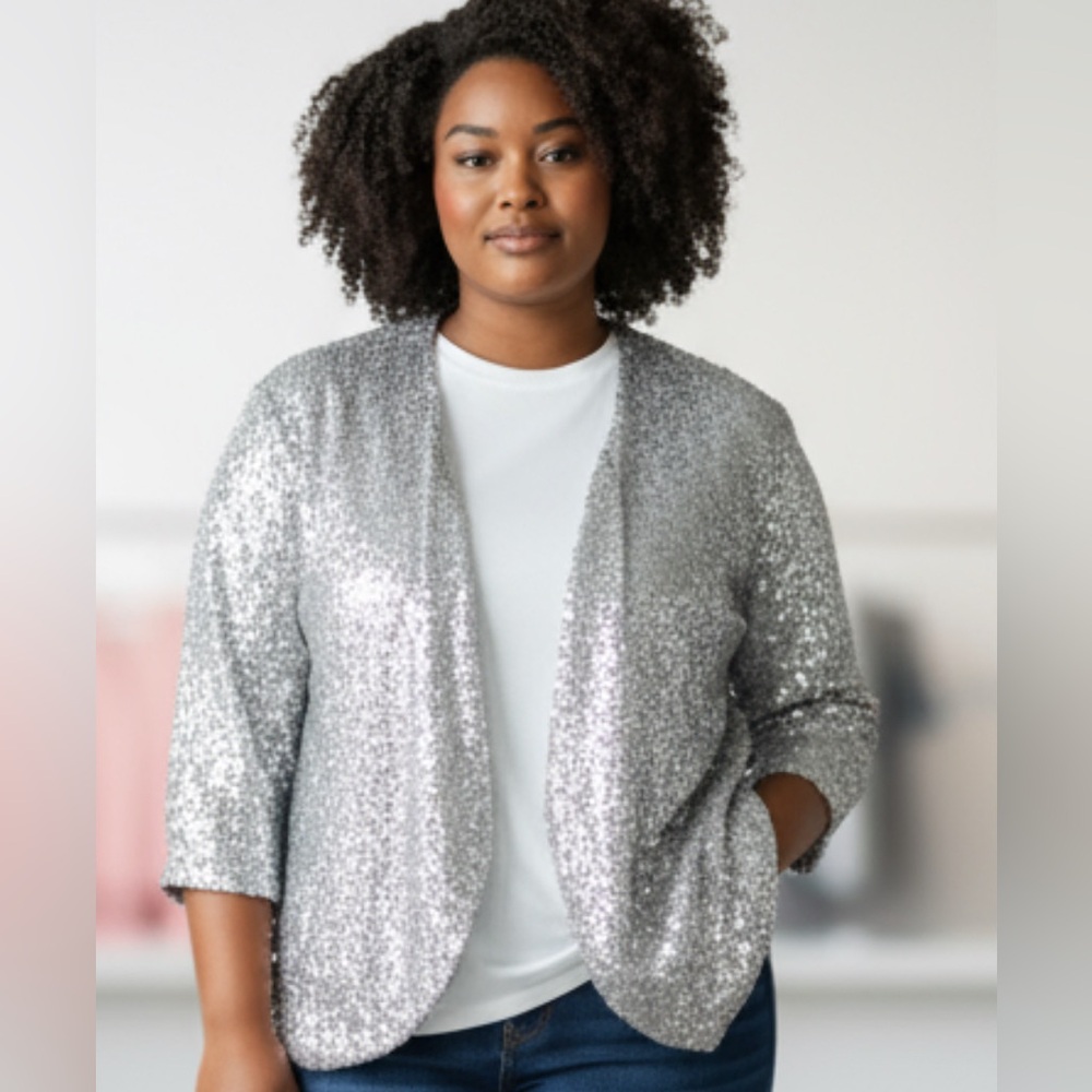 SLINKY  Brand Silver Glitter Open Blazer Size Small